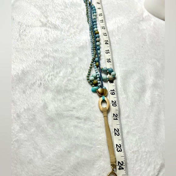Pressed Turquoise 4 stranded Beaded Necklace with leather & wood Accents 24” - Picture 10 of 10
